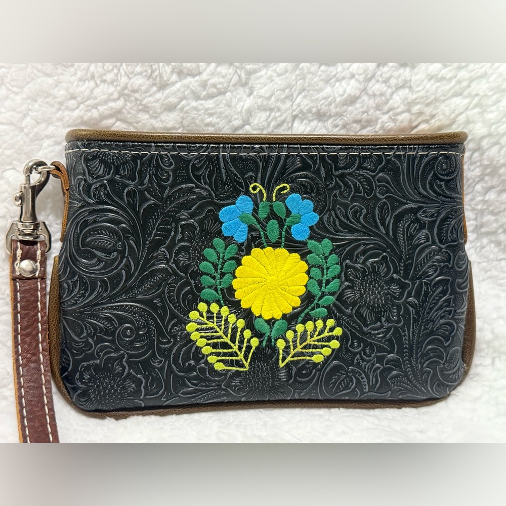 Consuela Tooled Black Floral Embroidered Wristlet